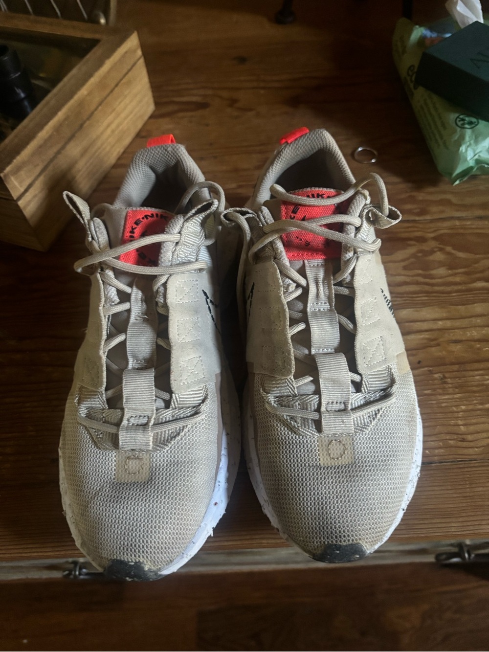 Nike Beige Athletic Sneakers with Coral Tongue Accents